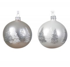 Kaemingk Glass Ball Silver/White W Trees 8cm (2 Assorted)