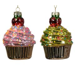 Kaemingk Glass Cupcake Dec W Cherry Top 10cm (2 Assorted)