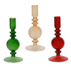 Kaemingk Glass Candle Holder Green/Clear/Red 19cm (3 Assorted)