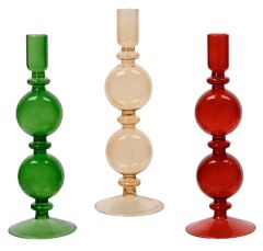 Kaemingk Glass Candle Holder Green/Clear/Red 24.5cm (3 Assorted)