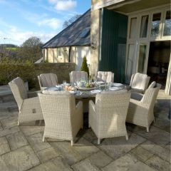 Bramblecrest Chedworth 220 x 145cm Elliptical Table, 60cm Lazy Susan, 2 Recliners, 6 Armchairs & Parasol - Sandstone