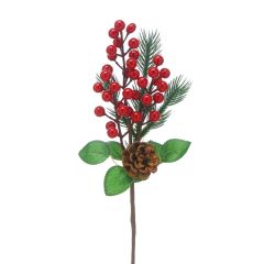 Festive Red Berry & Pine Cone W Green Leaf Pick 39cm