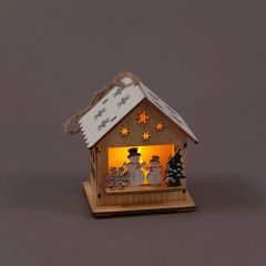 Snowtime Wooden Hanging House with Snowman 10cm (Battery Operated)