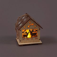 Snowtime Wooden Hanging House with Deer 10cm (Battery Operated)