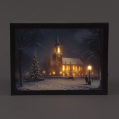 Snowtime LED Canvas 30cm x 40cm Winter Church (Battery Operated)