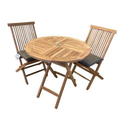 Bramblecrest Richmond Teak Folding 80cm Bistro Set with Folding Chairs & Seat Cushions