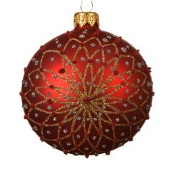 Glass Ball Christmas Red W Flower Lines - Kaemingk