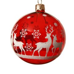 Glass Ball Christmas Red W White Reindeer - Kaemingk