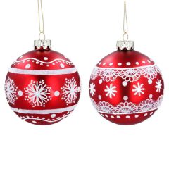 Gisela Graham Single Matt Red/White Lace Glass Ball (2 Assorted Designs)