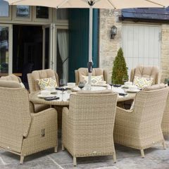 Bramblecrest Somerford 8 Seat Set with 220x145cm Elliptical Table Lazy Susan & Parasol (& 2 Recliners)