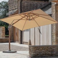 Bramblecrest Truro Wood Effect Square Side Post Parasol 3M with LEDs & Cover Sand with Base