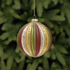 Festive Glass Ball 10cm Red Green Gold Stripe