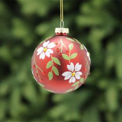 Festive Glass Ball 8cm Red Matt W Flowers
