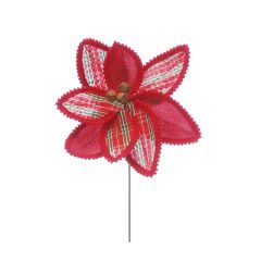 Festive Poinsettia Pick 31cm Green Red Tartan