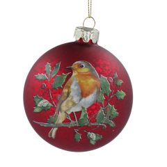 Gisela Garaham Glass Bauble 8cm - Antique Red w Robin