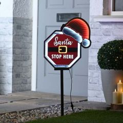 Festive Infinity Light 40cm Santa Stop Here Sign with Hat on a Stake